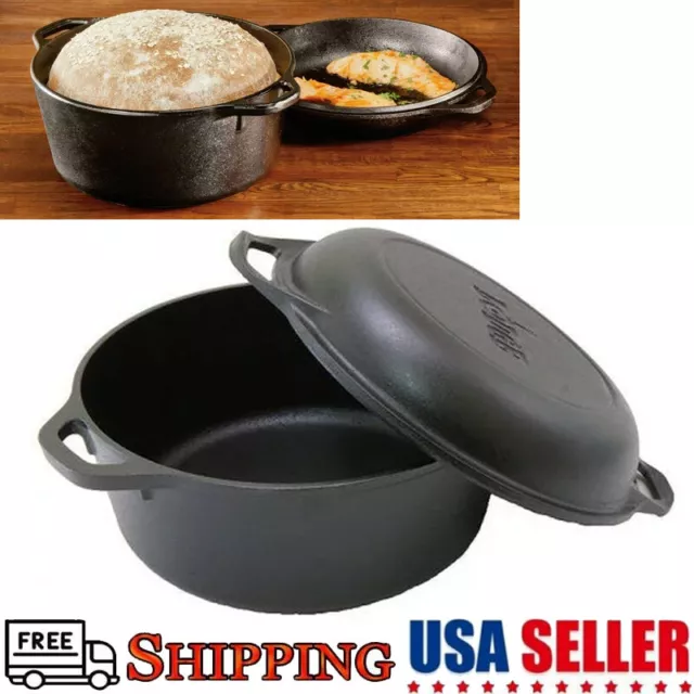 Pre-seasoned 5 Qt Cast Iron Double Dutch Oven Kitchen Cookware Pot Skillet Lid