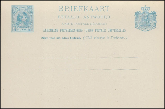 Postkarte P 21a Wilhelmina Doppelkarte 5 C. blau 1891, ungebraucht ** / MNH 2