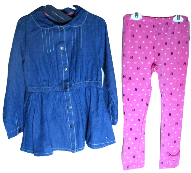 Nwt Tommy Hilfiger 2 Pc Girls Blue Peplum Long Sleeve Top & Pink Pants Set Sz 5