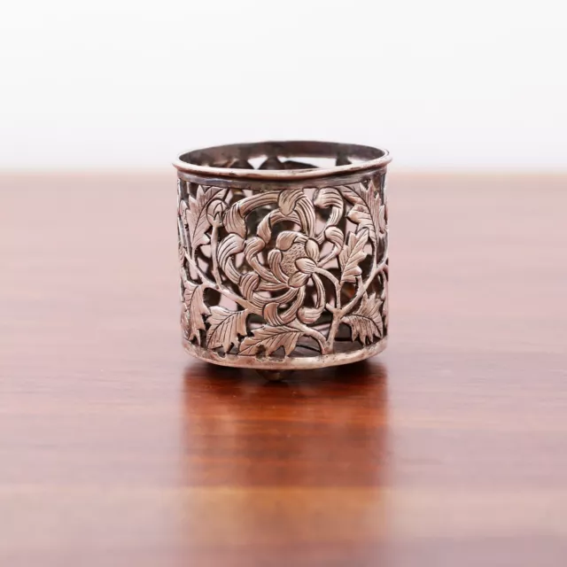 Chinese Sterling Silver Footed Salt Cellar Openwork Buds & Foliated No Monogram