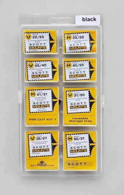 Quality Prinz/Scott Stamp Mounts Assortment Pre-cut 8 Sizes/160 Mounts Black NEW