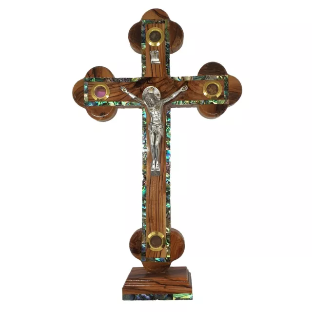Wooden Mother of Pearl Cross Crucifix On Stand Made In Bethlehem Holy Land Gift