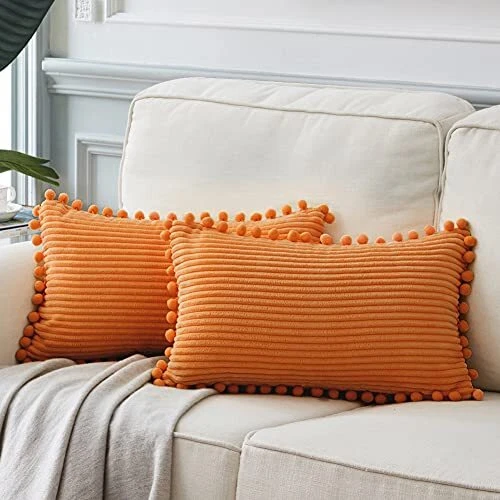 Pack of 2 Fall Lumbar Decorative Throw Pillow Covers with Pom-poms, Soft Cord...