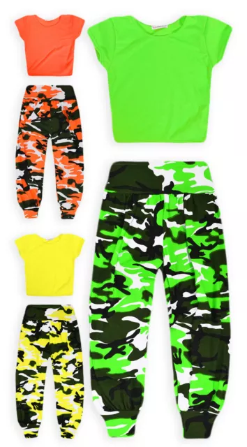 Girls Dance Set New Kids Neon Crop Top Camo Harem Pant Outfit Ages 7 - 13 Years
