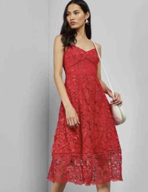 TED BAKER VALENS Red Mixed Lace Sleeveless Midi Skater Dress Size 2 Uk 10  34.99 - PicClick UK
