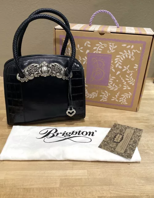Brighton Chantilly Black Leather Croc Satchel Handbag Purse Tote Silver Charm
