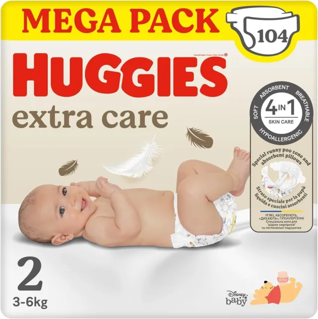 Huggies Pannolini Extra Care Bebè, Taglia 2 (3-6Kg), Confezione da 104