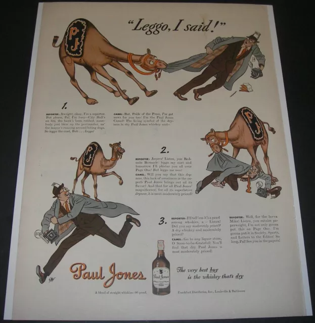 Print Ad 1943 Paul Jones Whiskey DISTILLERY Cartoon ART Leggo Camel & Reporter.