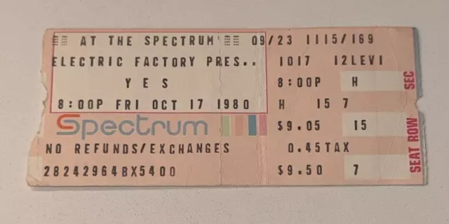 10/17/80 Ticketron Drama Tour YES Concert Music Ticket Stub Spectrum Philly