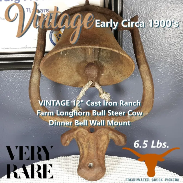 VINTAGE 12" Cast Iron Ranch Farm Longhorn Bull Steer Cow Dinner Bell Wall Mount