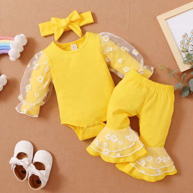 Newborn Baby Girls Bodysuit Clothes Pants Floral Romper Top Headband Outfits Set 4