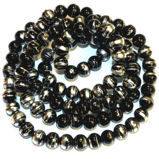 G1772 Black Opaque 8mm Round Silver Swirl Metallic Drawbench Glass Beads 32"