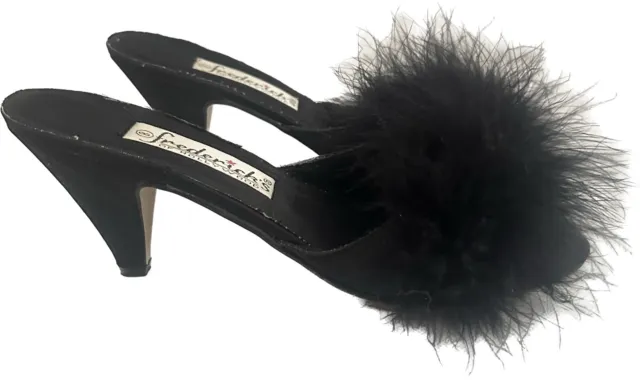Fredericks of Hollywood Black Maribou Feather Mules Slippers Shoes Heels Size 8
