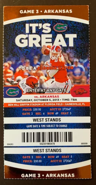Florida Gators 10/5/2013 NCAA football ticket stub vs Arkansas Razorbacks