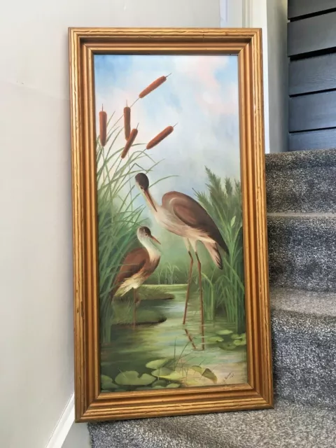 Aesthetic Movement Style Pond Herons Cattails Lily Pad C.russell Framed Painting