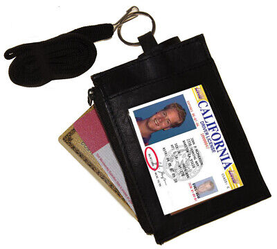 Black Leather ID Badge Holder Neck Strap Card Money Key Lanyard Name Tag Wallet