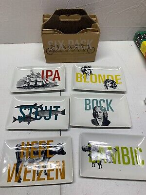 Crate & Barrel 6-pack Beer Name Appetizer Snack Ceramic Plates 7.75” X 4.75”