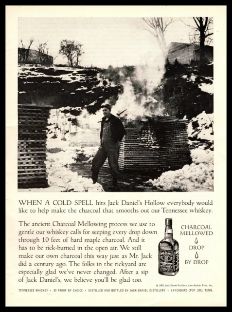 1965 Jack Daniel's Whiskey Hollow Maple Wood Charcoal Mellowing Process Print Ad