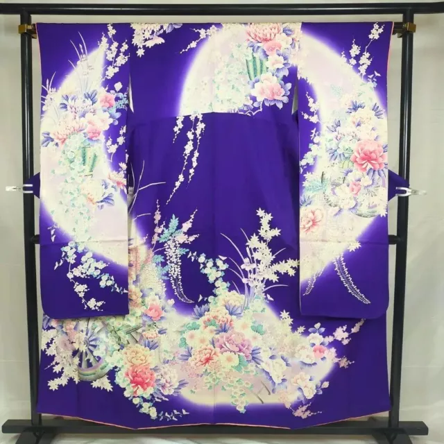 Japanese Vintage Kimono Furisode SILK 155cm  Geisha Cosplay　Flower cart K367