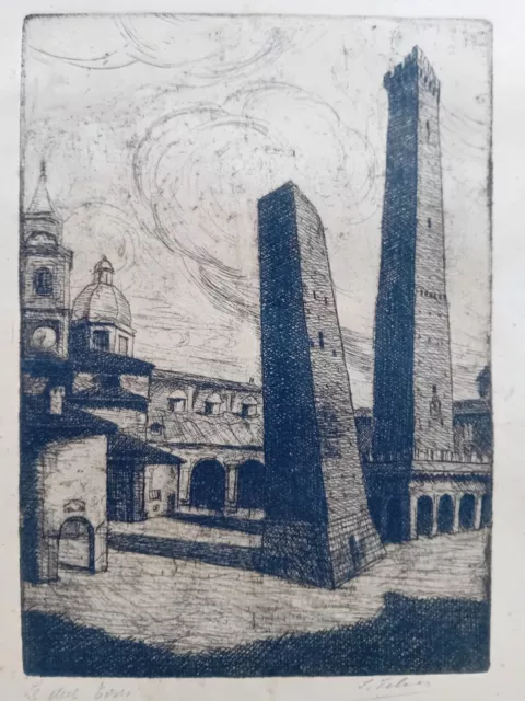 Beautiful etching Le dos Torri Bologna signed 30.0x38.0 cm