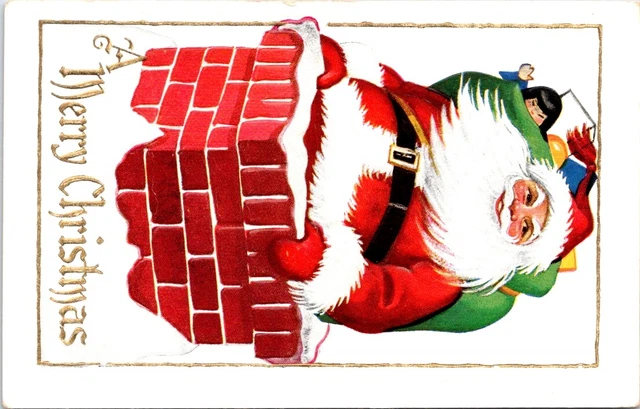 SANTA Halfway Down the Chimney, CHRISTMAS Greetings Postcard - 47