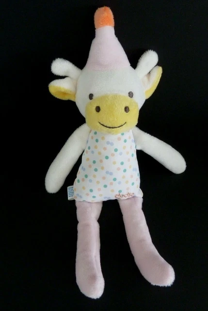 DC1. DOUDOU PELUCHE DODIE VACHE CLOWN BLANC JAUNE ROSE VERT POIS 27cm ETAT NEUF*