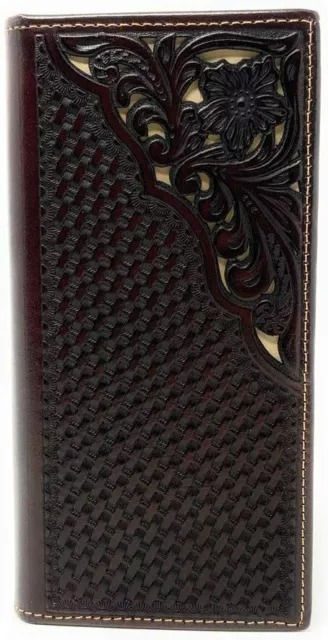 Western Genuine Leather Tooled Laser Cut Basketweave Men's Long Bifold Wallet in 3
