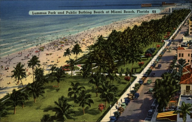 Lummus Park bathing beach Miami Florida ~ aerial 1940s cars ~ linen postcard