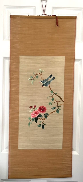 Vintage 1970's Chinese Embroidery On Bamboo Silk Wall Hanging Birds Flowers 40"