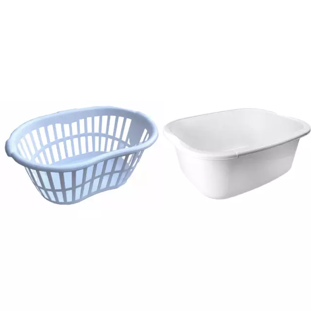 Plastic Hipster 34L Laundry Storage Basket Hamper with Handle & 11L Wash up Bowl