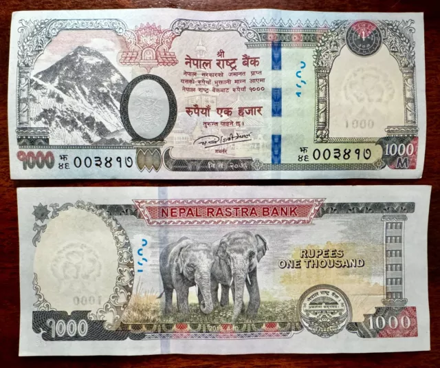 1000 Rupees Nepal Currency Printing Mt. Everest obverse Elephant NEW UNC