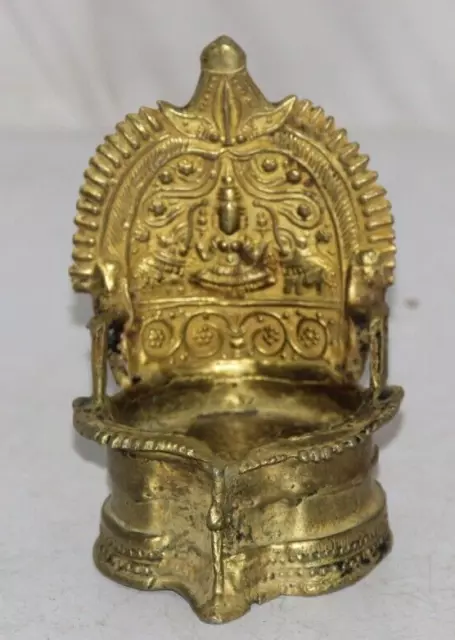 Old Brass Goddess Laxmi & Elephant Handcrafted Engraved Wick Oil Diya Light Lamp