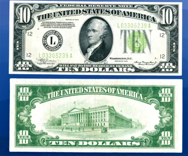1934 $10 Federal Reserve Note 💲 Light Green ~ San Francisco