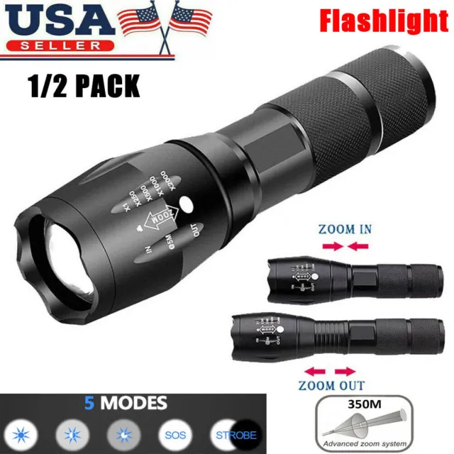 1/2X Super Bright 90000LM LED Flashlight 5 Mode Zoomable Tactical Military Torch