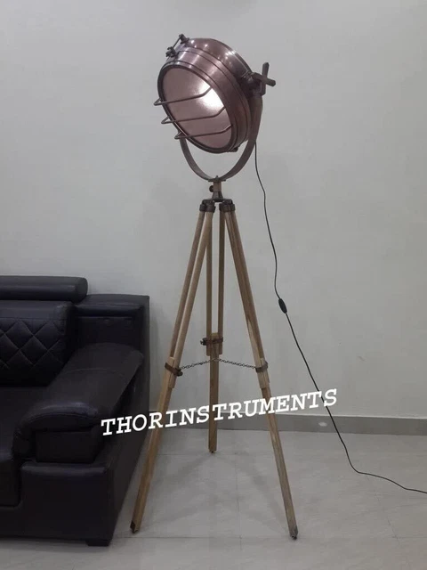 Marine  Vintage Theater Copper Spot Light Tripod Floor Lamp Office Lighting
