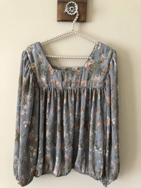 Altar'd State Womens Size M Blue Floral Top Gauzy Boho Balloon Sleeve