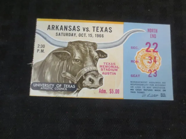 Texas Longhorns Football Ticket  VS Arkansas Oct 15, 1966