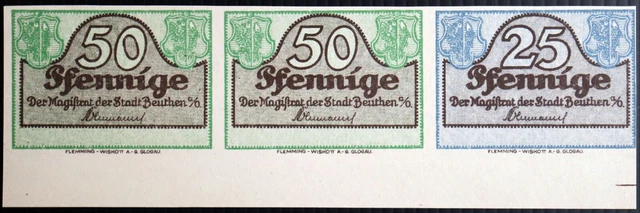3x Specimen Uncut Strip! BEUTHEN / BYTOM exp. 1921 25, 2x50 Pfennig Notgeld