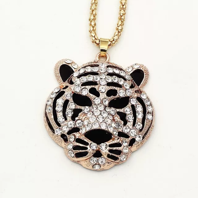 New Crystal Rhinestone Black Tiger Head Pendant Chain Necklace Gold Silver Tone