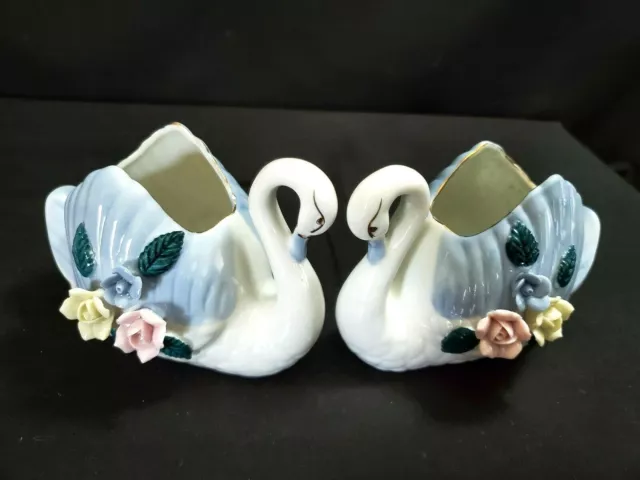 Pair Vintage Ceramic Swan Planters Blue & White with Flowers Mid Century Retro 3
