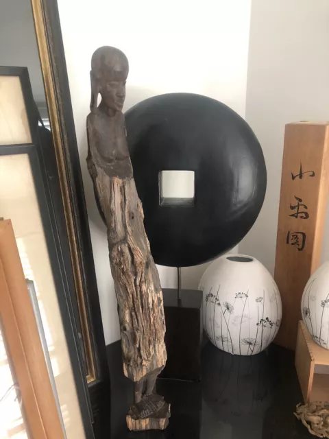 Vintage Hand Carved African Woman Black Wood Sculpture - 58cm - Bark dress