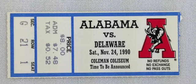 1990 11/24 Delaware at Alabama Basketball Ticket Stub