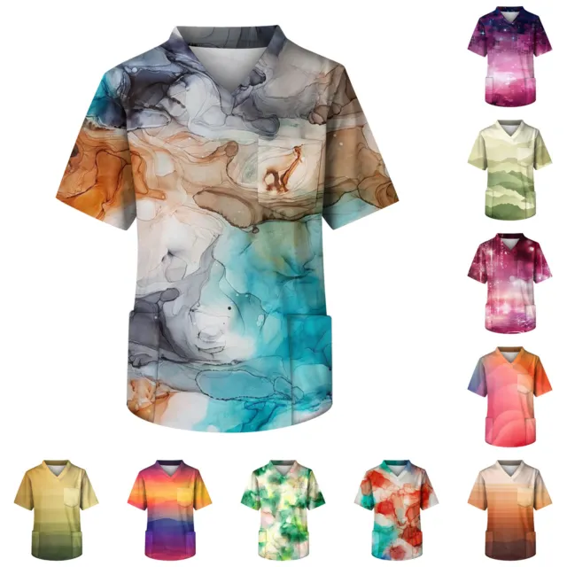 Men's Nursing Uniform V-neck Short Sleeve Top With Pocket Blouse Color Printing