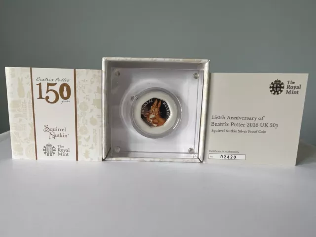 2016 Beatrix Potter  SQUIRREL NUTKIN 50p Silver Proof COIN BOXED / CERT