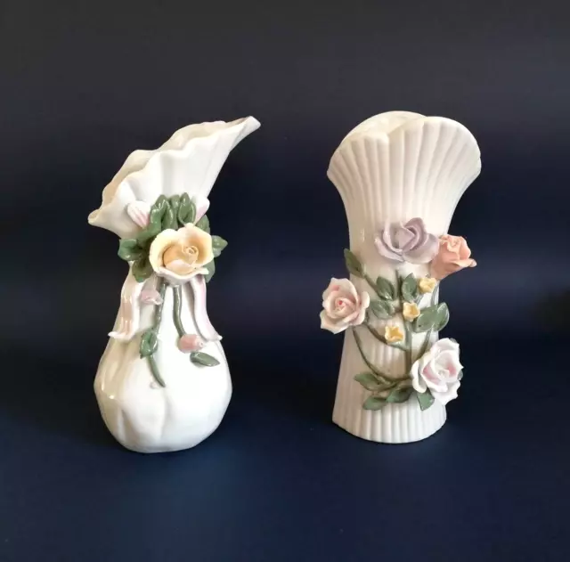 Art Nouveau Barbotine Vase Pair, Porcelain Floral Urns, Hand Made Majolica Set