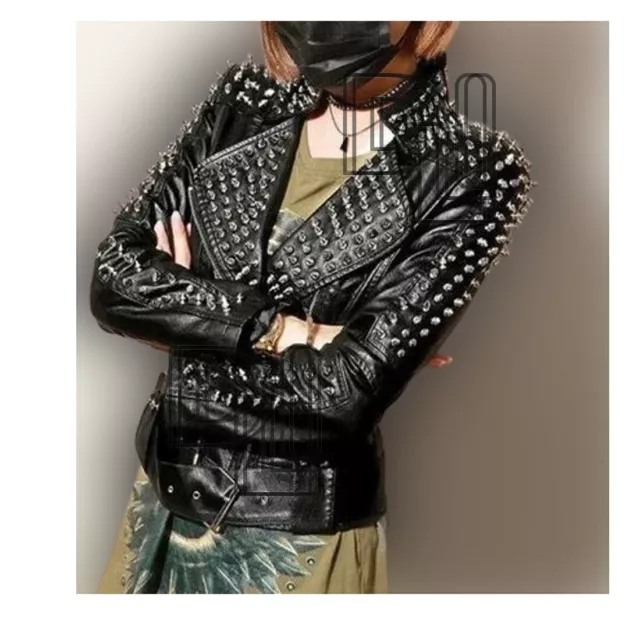 Handmade Women Black Punk Silver Long Spiked Studded Genuine Leather Jacket