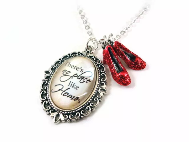 Wizard of Oz No Place Like Home Quote Necklace with Ruby Red Slippers Charm