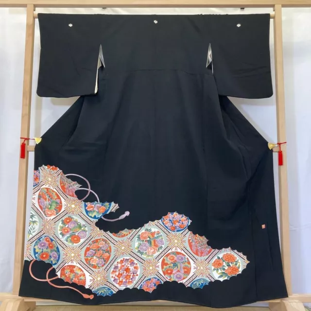 Japanisch Seide Kimono Schwarz Tomesode Yuzen Bestickt Länge 160.5cm