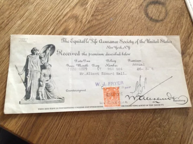 U. S. Equitable Life Assurance 1925 receipt with  King George v stamp  A12308