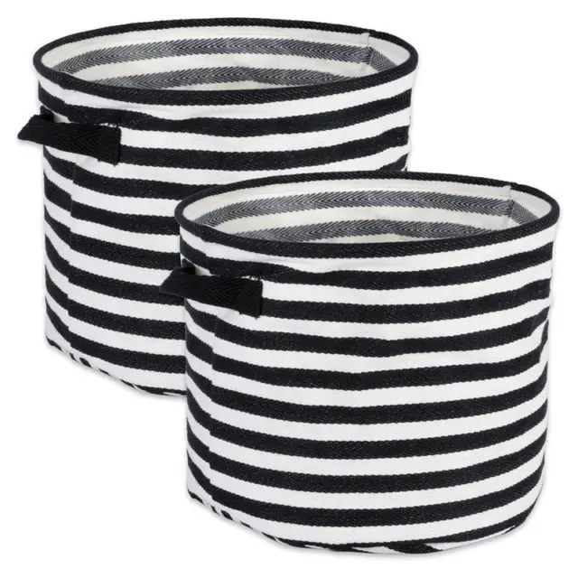 DII Round Woven Cotton Large Laundry Bin in Black/White (Set of 2)